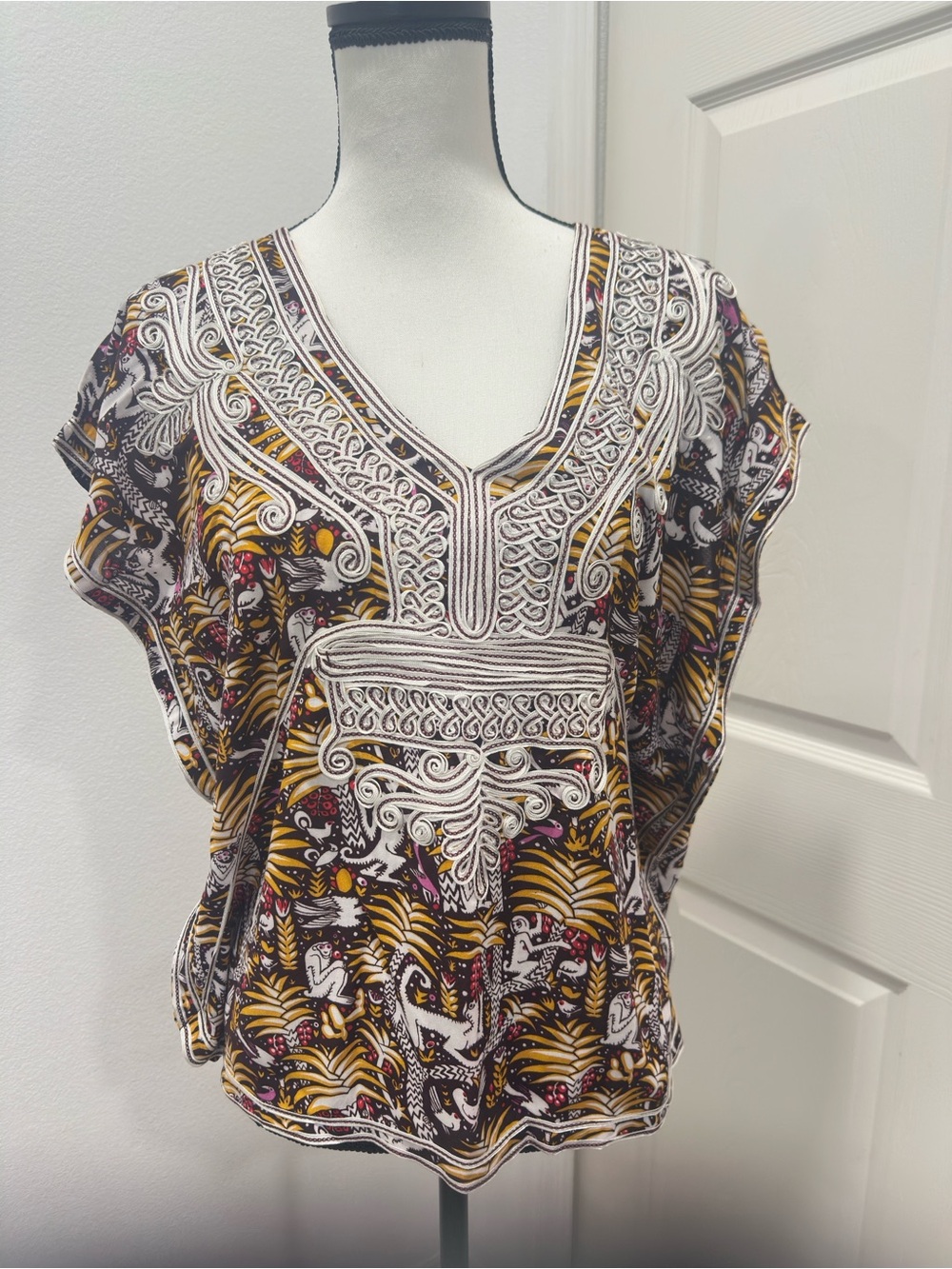 V-Neck Embroidered Boho Tunic in Black, Gold and White